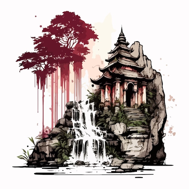 Aquarellmalerei von Wasserfall und Tempel