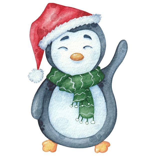 Aquarellpinguin im grünen schal und im hut mit geschenk. weihnachtshand gezeichnete illustration