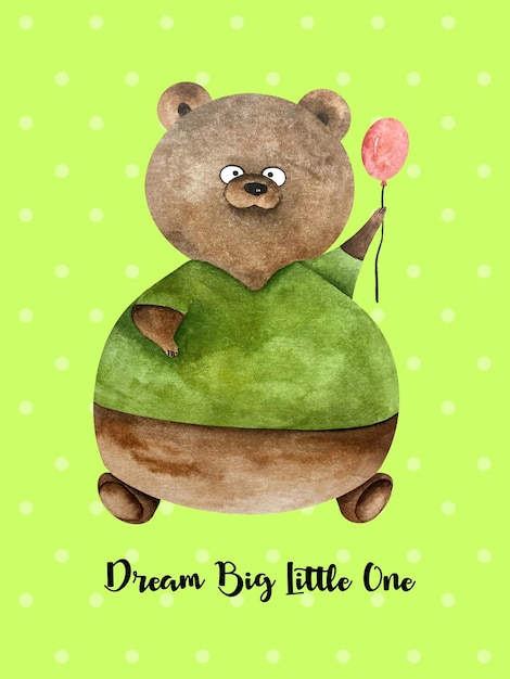 Aquarellposter mit sitzendem Bären in grünem Hemd mit rotem Ballon Bärenjunge Träume groß, klein