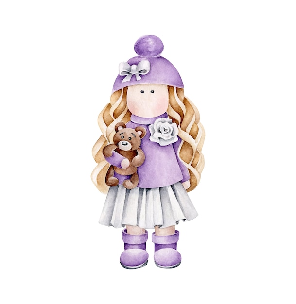 Aquarellpuppe im violetten kleid mit bär in der hand. mädchen spielzeug