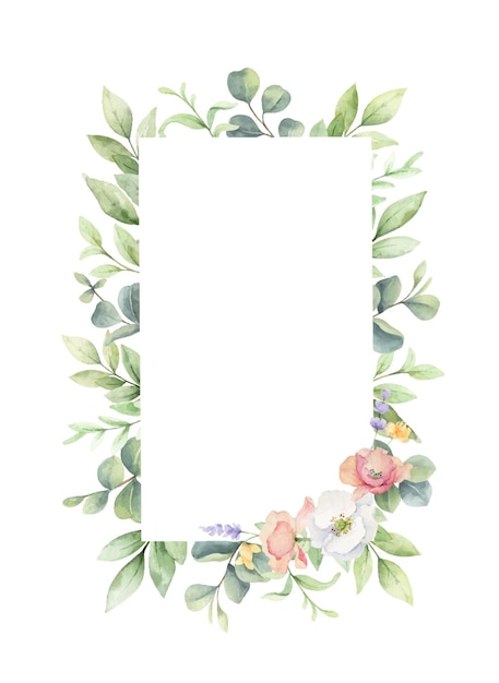 Aquarellrahmen aus grünen Ästen und Wildblumen