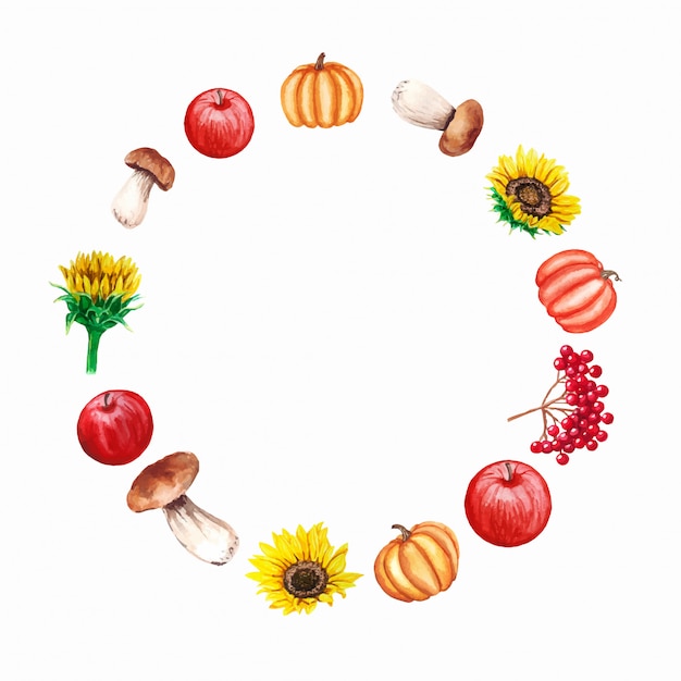Aquarellrahmen mit Pilzen, Sonnenblumen, Kürbissen, Äpfeln, Viburnum. Dekorativer Kranz der Herbstfarm