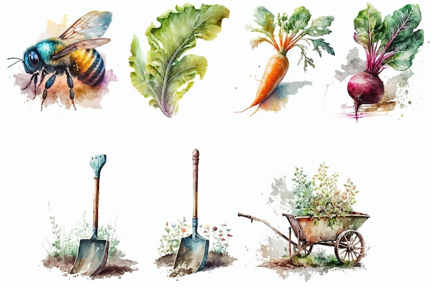 Aquarellsatz Gemüsegarten Handgezeichnete Illustration isoliert auf weißem Hintergrund im Boho-Stil