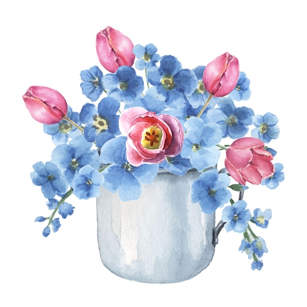 Aquarellstrauß aus rosa und blauen Blumen in einer Tasse