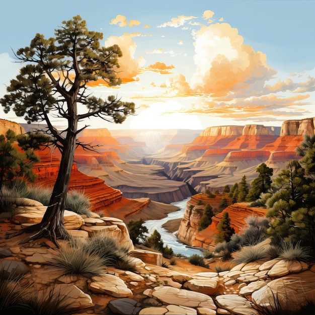 Aquarellvektor grand canyon sonnenaufgang auf weißem hintergrund