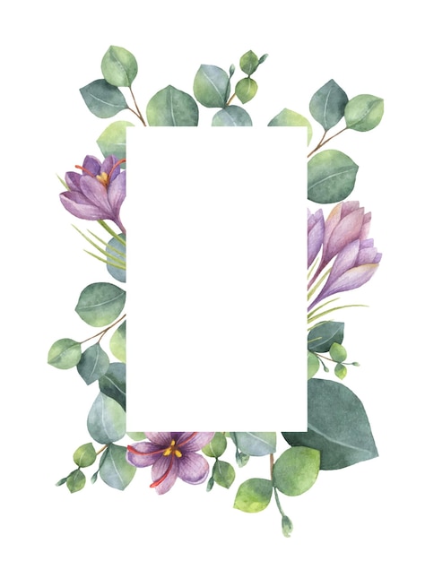 Aquarellvektor grüne Blumenkarte mit Eukalyptusblättern lila Blumen und Äste isoliert auf weißem Hintergrund
