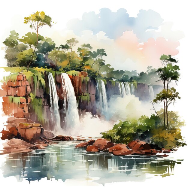 Vektor aquarellvektor iguazu-fälle regenbogen auf weißem hintergrund