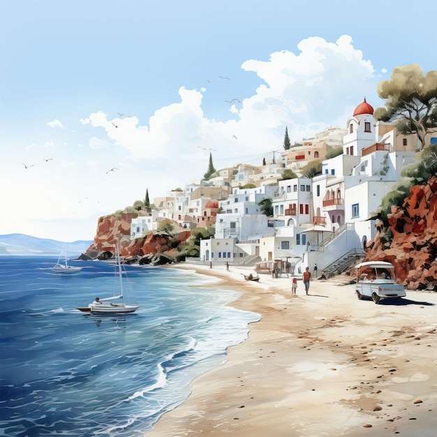 Aquarellvektor santorini roter strand auf weißem hintergrund