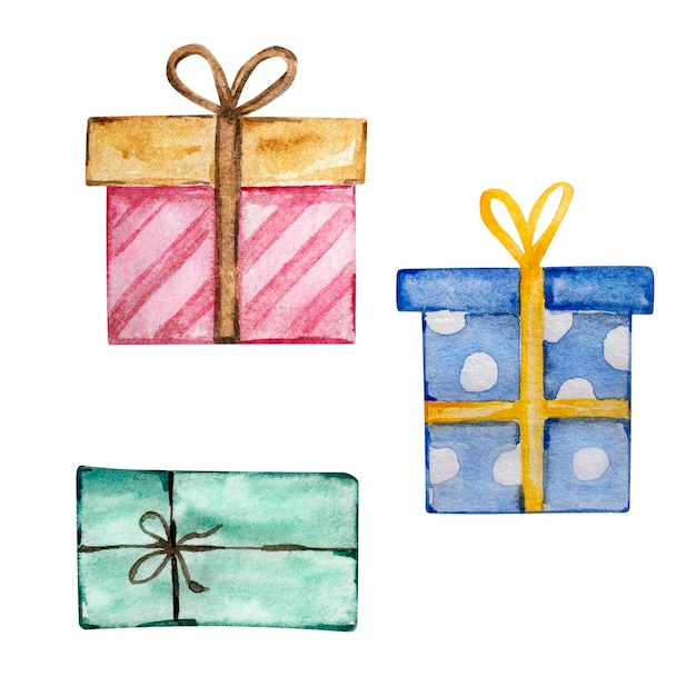 Aquarellweihnachtsillustration, Winterstadtelemente, verschiedene Geschenkboxen
