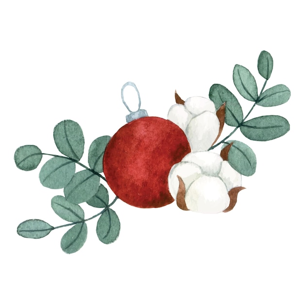 Aquarellzeichnung. Blumenstrauß, Komposition für Weihnachten aus Eukalyptusblättern, Baumwollblumen