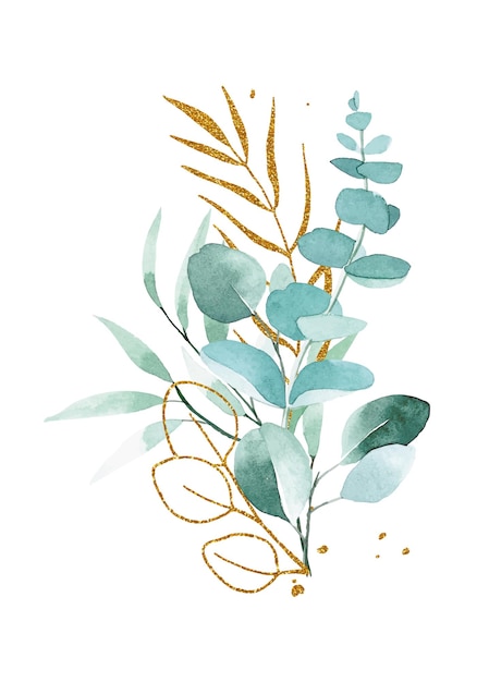 Vektor aquarellzeichnung blumenstrauß zusammensetzung von eukalyptusblättern grüne und goldene tropische blätter