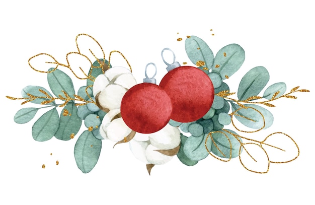Aquarellzeichnung. Weihnachtskomposition, ein Bouquet aus Eukalyptusblättern, Baumwolle und Weihnachtsrot