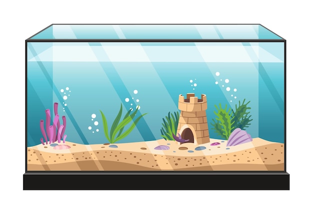 Vektor aquarium mit bunten algen unterwasserwelt mit dekorativen accessoires im flachen stil dekoration des wohngebäudes schönes glasaquarium mit muscheln sandblasen