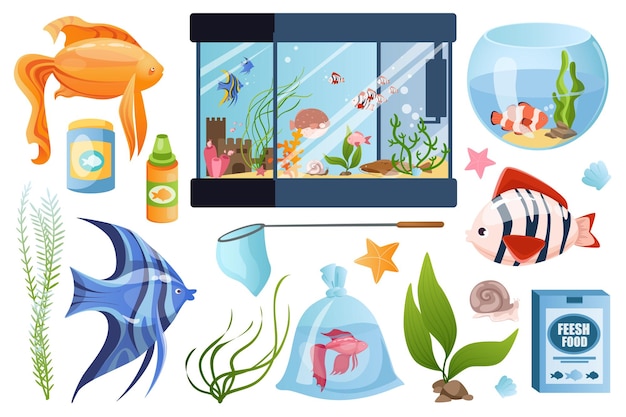 Vektor aquarium set grafische elemente in flachem design bündel von exotischen oder tropischen fischen verschiedene fischgläser netzalgen pflanze schnecke fischfutter und anderes zubehör vektor-illustration isolierte objekte