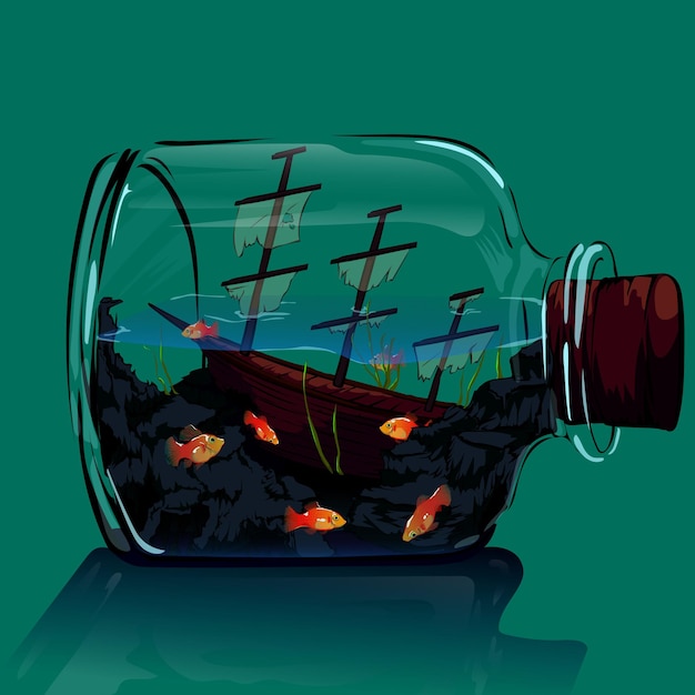 Aquascape eines versunkenen Schiffes und Fische, die in einer Flasche schwimmen