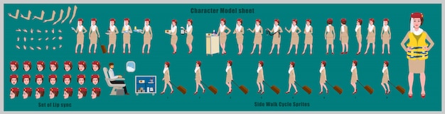 Vektor arab stewardess character design modellblatt mit walk-cycle-animation. mädchen charakter design. vorder-, seiten-, rückansicht- und erkläranimationsposen. zeichensatz mit verschiedenen ansichten und lippensynchronisation