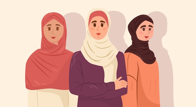 Arabische Frau, Frauen aus dem Nahen Osten, junge, attraktive muslimische Mädchen, schöne Dame, wunderschöne Person mit Hijab, bunter Schal, Vektorillustration