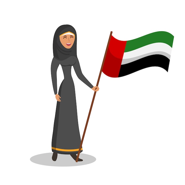 Arabische frau mit uae-flaggen-flacher farbillustration