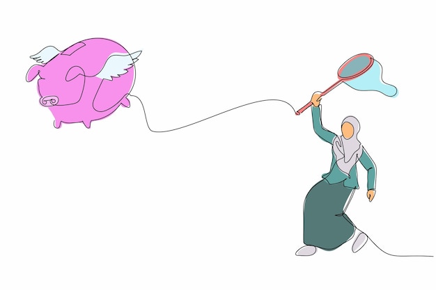 Vektor arabische geschäftsfrau versucht, ein fliegendes sparschwein mit einem schmetterlingsnetz zu fangen