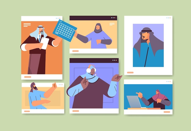 Arabische geschäftsleute in webbrowser-fenstern diskutieren während des videoanrufs arabisches geschäftsleute-team mit virtueller konferenz online-kommunikationsteamwork-konzept horizontaler porträtvektor illustrati