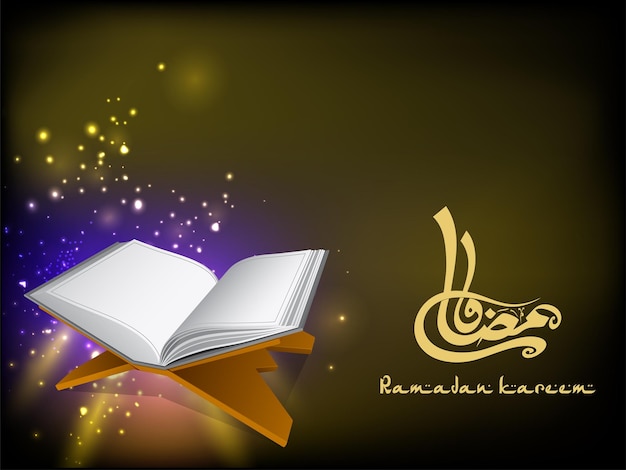Vektor arabische kalligraphie des ramadan mit realistischem heiligem koran-buch bei rehal und lichteffekt auf braunem hintergrund