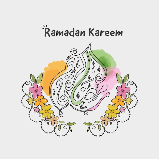 Arabische kalligraphie von ramadan kareem verziert mit blumen auf grauem hintergrund.