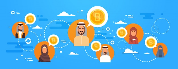 Arabische leute, die bitcoins über weltkarte-modernem digital-geldnetz-krypto-währungs-konzept kaufen