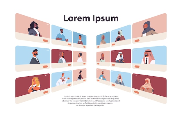 Arabische menschen in webbrowser-fenstern, die während des videoanrufs virtuelle konferenz-online-kommunikationskonzept chatten und diskutieren horizontales porträt kopieren raum vektor-illustration