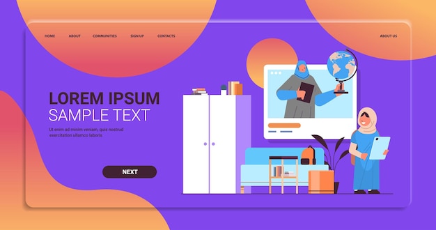 Arabische schulmädchen diskutieren mit lehrer im webbrowser-fenster während des videoanrufs selbstisolation online-kommunikationskonzept kopienraum horizontale vektorillustration