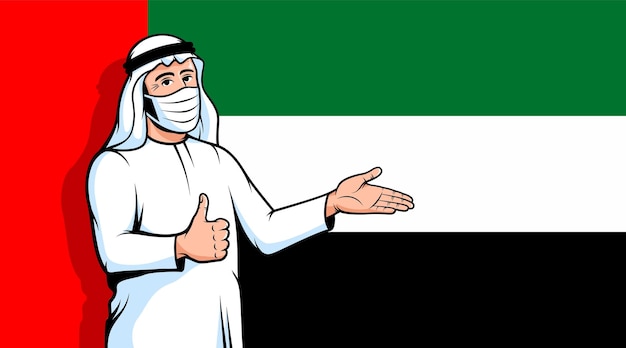 Vektor arabischer mann in fase-maske daumen hoch auf flagge der vereinigten arabischen emirate hintergrund muslimische person während einer pandemie