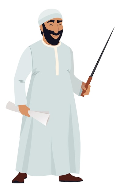 Arabischer mann mit holzstab und papierrolle muslimischer lehrer isoliert auf weißem hintergrund