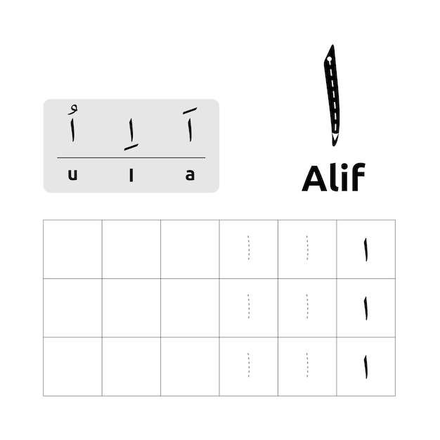 Arabisches alphabet-arbeitsblatt-vektordesign oder arabische buchstaben für das schreibenlernen von kindern