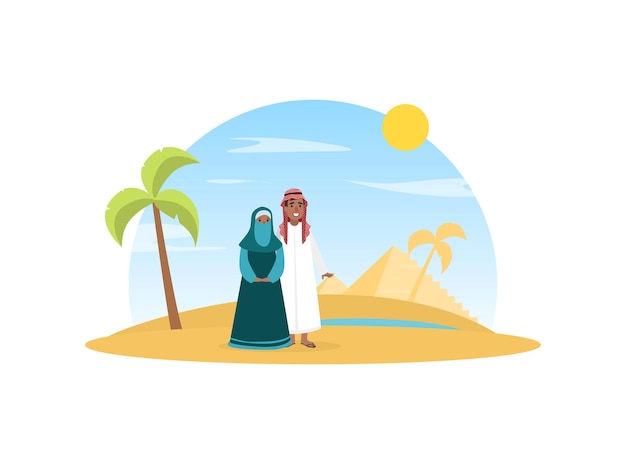 Vektor arabisches paar in nationaler traditioneller kleidung steht auf einer wüstenlandschaft vektorillustration