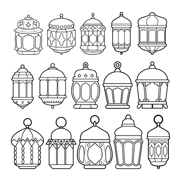 Arabisches Ramadan-Laternen-Umriss-Skizzen-Vektor-Illustrationsset
