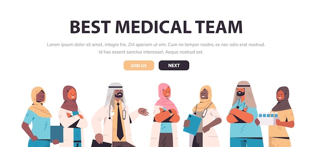 Arabisches team von medizinischen fachleuten arabische ärzte in uniform, die zusammen medizingesundheitskonzept horizontale porträtkopie raumvektorillustration stehen