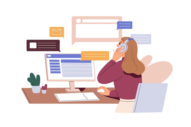Arbeit im Call-Center-Support-Hotline-Service Operator im Headset spricht mit Kunden Geschäftskunden hilft und berät online Flachgrafische Vektorillustration isoliert auf weißem Hintergrund