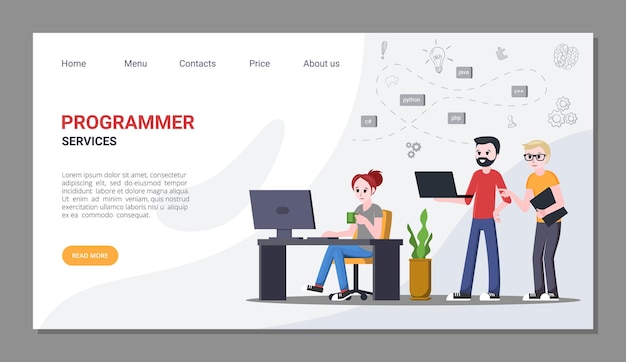 Arbeit und Dienstleistungen für Programmierer Homepage. Professionelles Programmieren und Schreiben neuer digitaler Anwendungen, die Codierungsspezialisten mit kreativen Entwicklungen ausbilden. Vektor-Online-Banner.