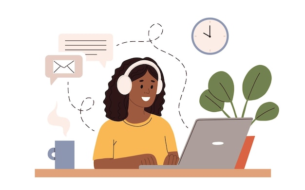 Arbeit zu Hause Vektorflachstil Illustration Online-Karriere Home-Office-Illustration Junge Frau