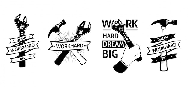 Vektor arbeite hart, träume groß. vintage-tooling-logos, embleme, etiketten