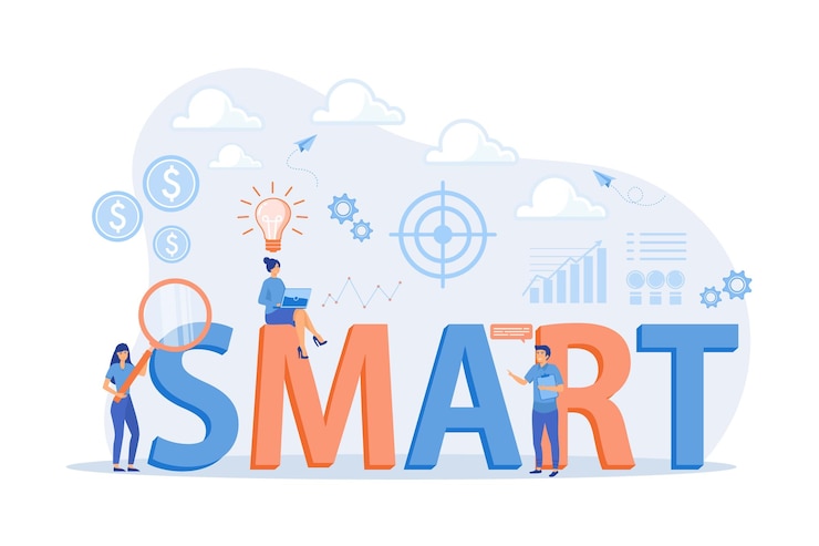 Vektor arbeiten an zielen und sitzen auf smart word smart objectives objektive festlegung messbarer ziele