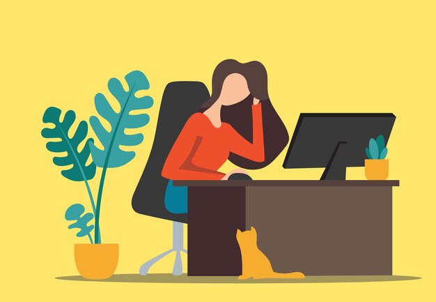Arbeiten Sie zu Hause freiberufliches Mädchen, das am Computer arbeitet. Vektor-Illustration.