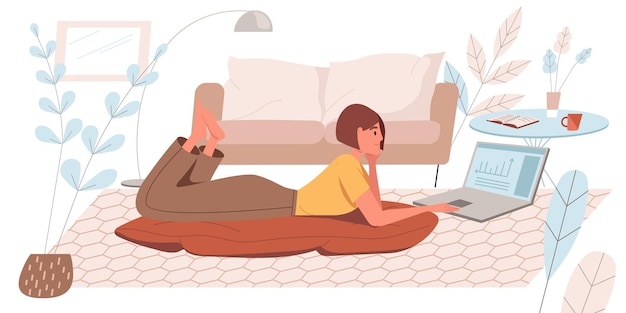 Arbeiten zu Hause Konzept im flachen Design. Frau arbeitet aus der Ferne am Laptop, während sie auf dem Boden liegt. Freiberufler, der Aufgaben online von zu Hause aus erledigt. Freiberufliche oder Fernarbeitsszene. Vektor-Illustration