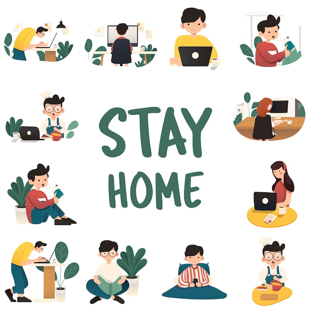 Arbeiten zu Hause, Konzeptillustration. Freiberufliche Mitarbeiter, die von zu Hause aus an Laptops und Computern arbeiten. Flache Illustrationen.