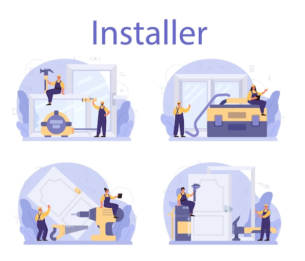 Arbeiter in Uniform installieren Fenster- und Türset