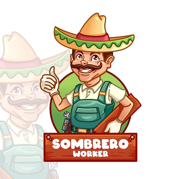 Vektor arbeiter mit sombrero-maskottchen-logo-vorlage