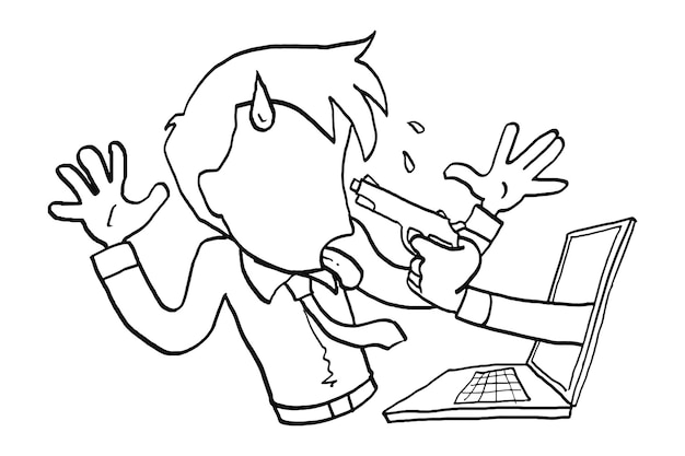 Arbeiter zeigte auf die waffe vom laptop-bildschirm konzept für cybersicherheit cartoon vector illustration design