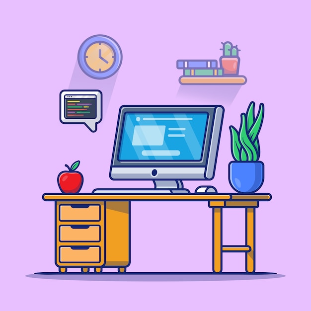 Arbeitsbereich computer mit apfel und pflanze cartoon icon illustration. workplace technology icon konzept isoliert premium. flacher cartoon-stil