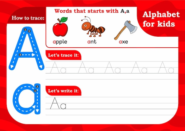 Vektor arbeitsblatt buchstabe a übung zum nachzeichnen des alphabets buchstabe a groß- und kleinschreibung des buchstaben a