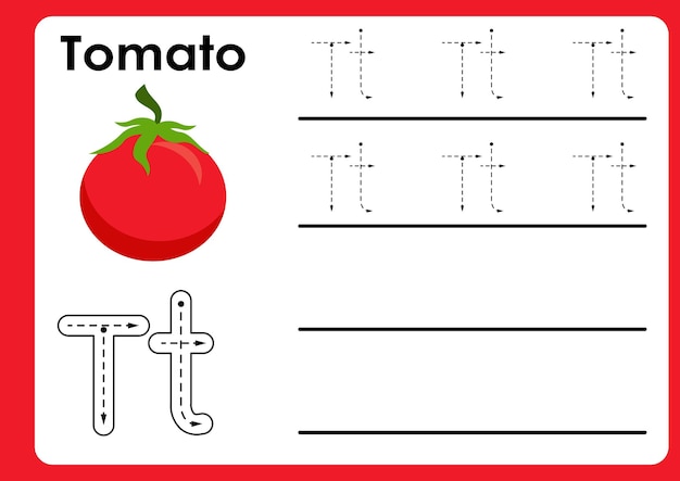Arbeitsblatt mit Tomatenbuchstaben-Arbeitsbuch mit bunten, niedlichen Illustrationen