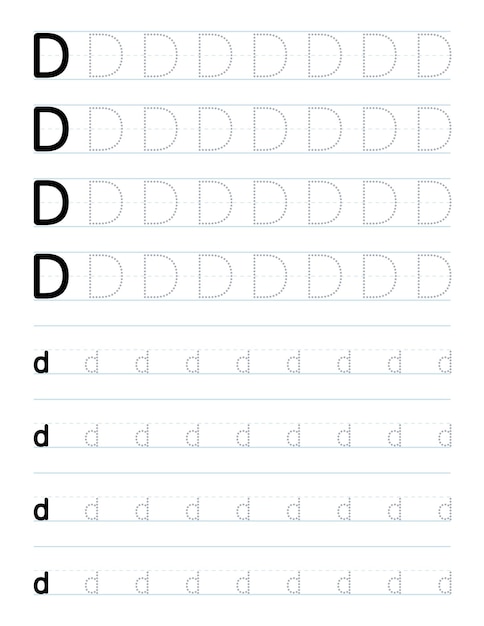 Arbeitsblatt zum nachzeichnen des buchstaben d für kinder